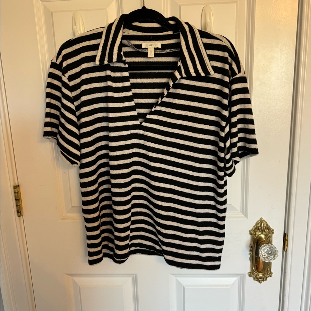 Black and White Striped Polo Shirt